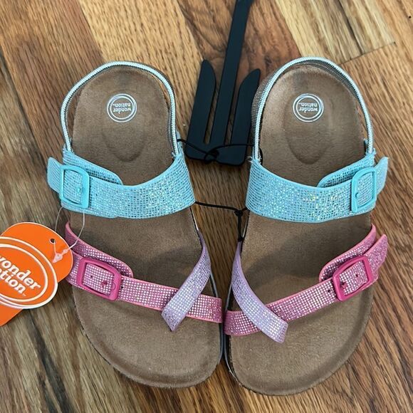 Girls Toddler Pink Blue Shimmer Sandal Toe Loop Cork Bed Various Sizes NWT - Picture 3 of 7